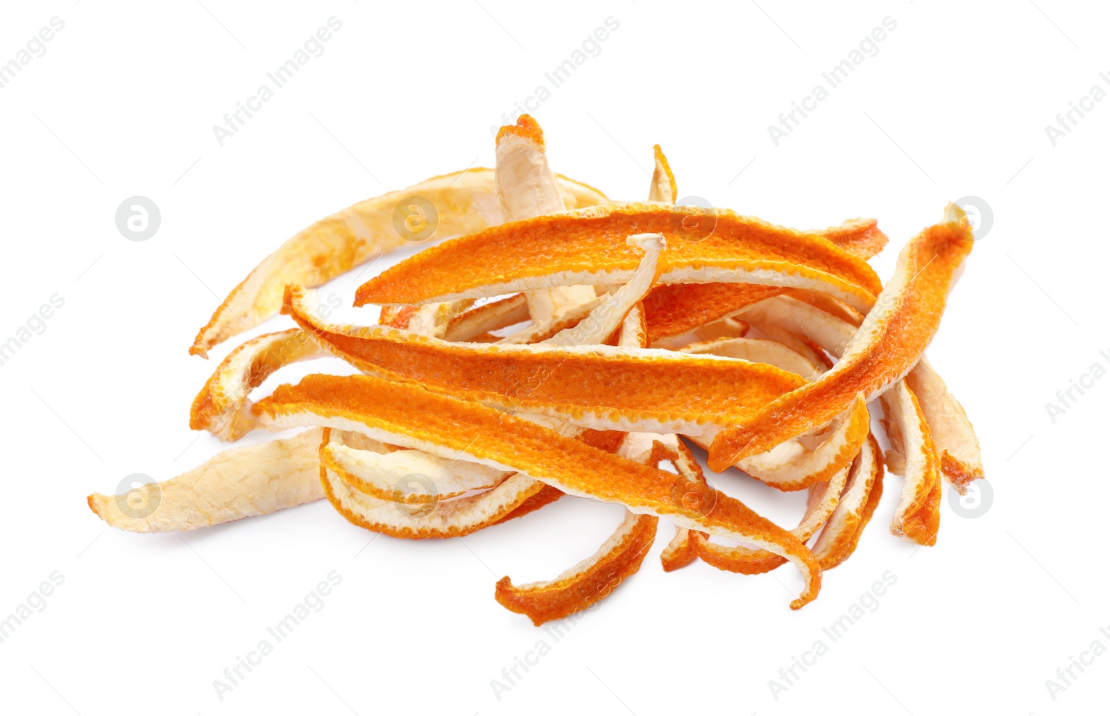 Photo of Pile of dry orange peels on white background