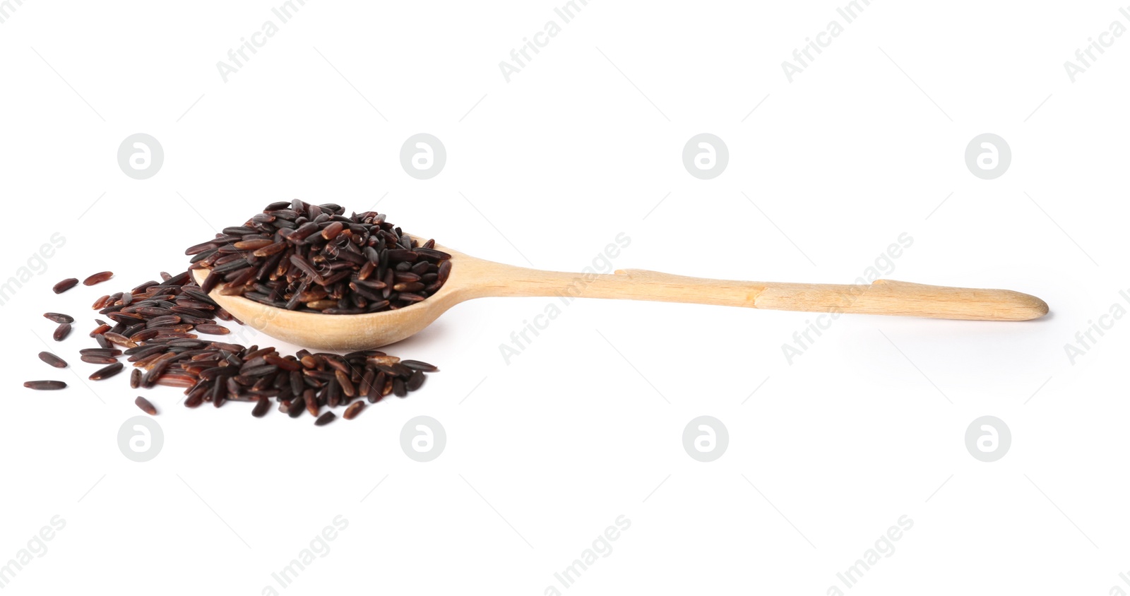 Photo of Spoon and uncooked black rice on white background