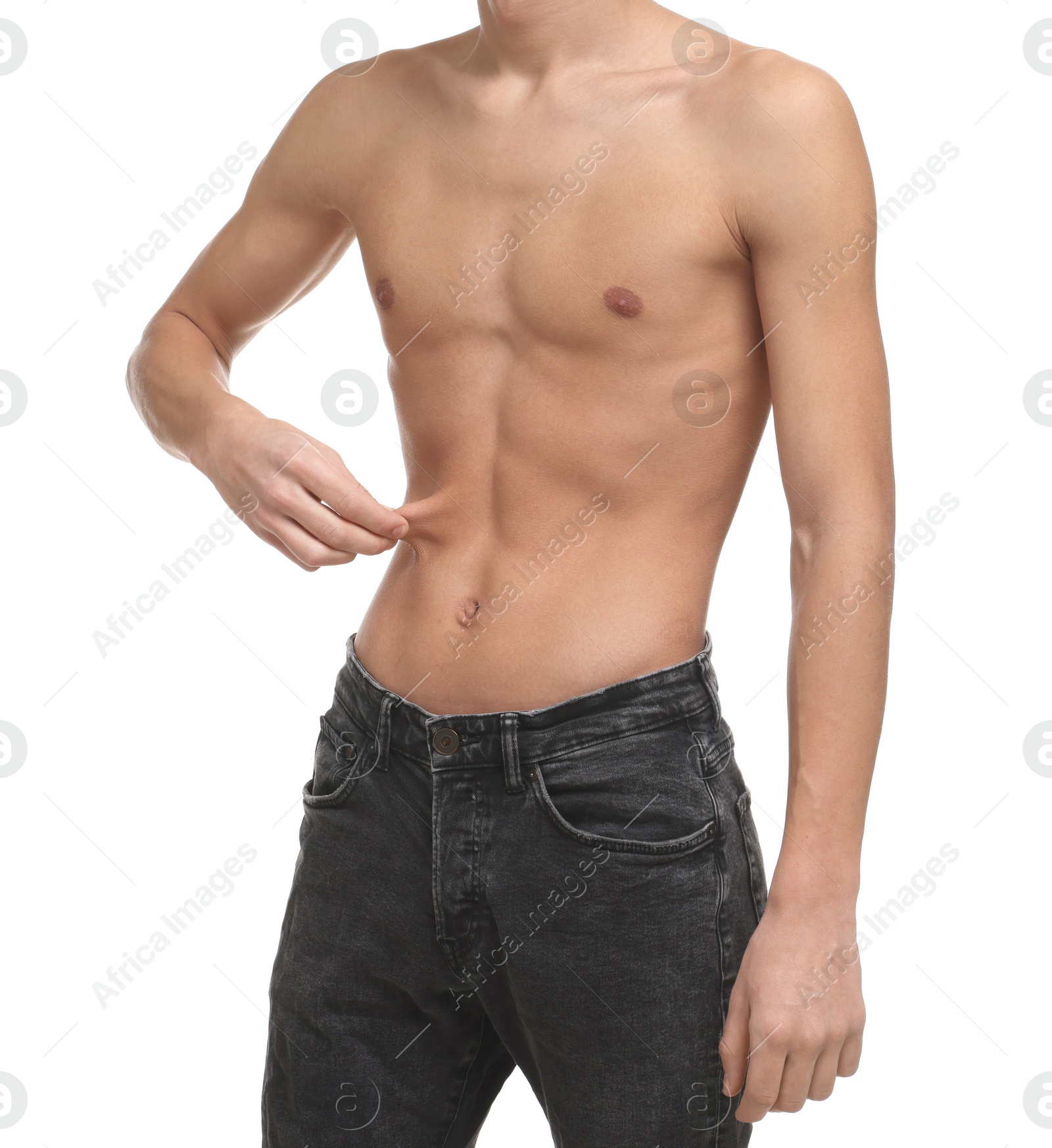 Photo of Shirtless man with slim body isolated on white, closeup