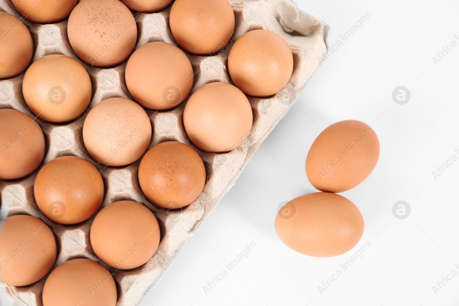 Photo of Raw chicken eggs on white background, top view