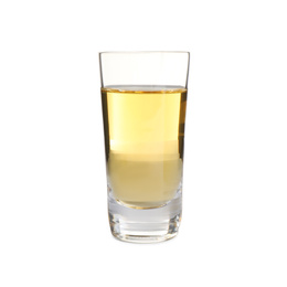 Photo of Mexican Tequila in shot glass isolated on white