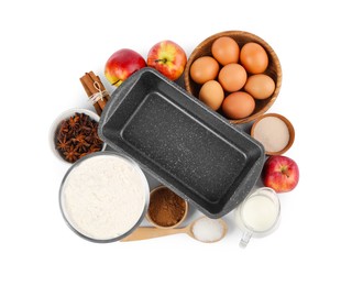 Photo of Empty baking tray and different ingredients on white background, top view. Yeast pastry