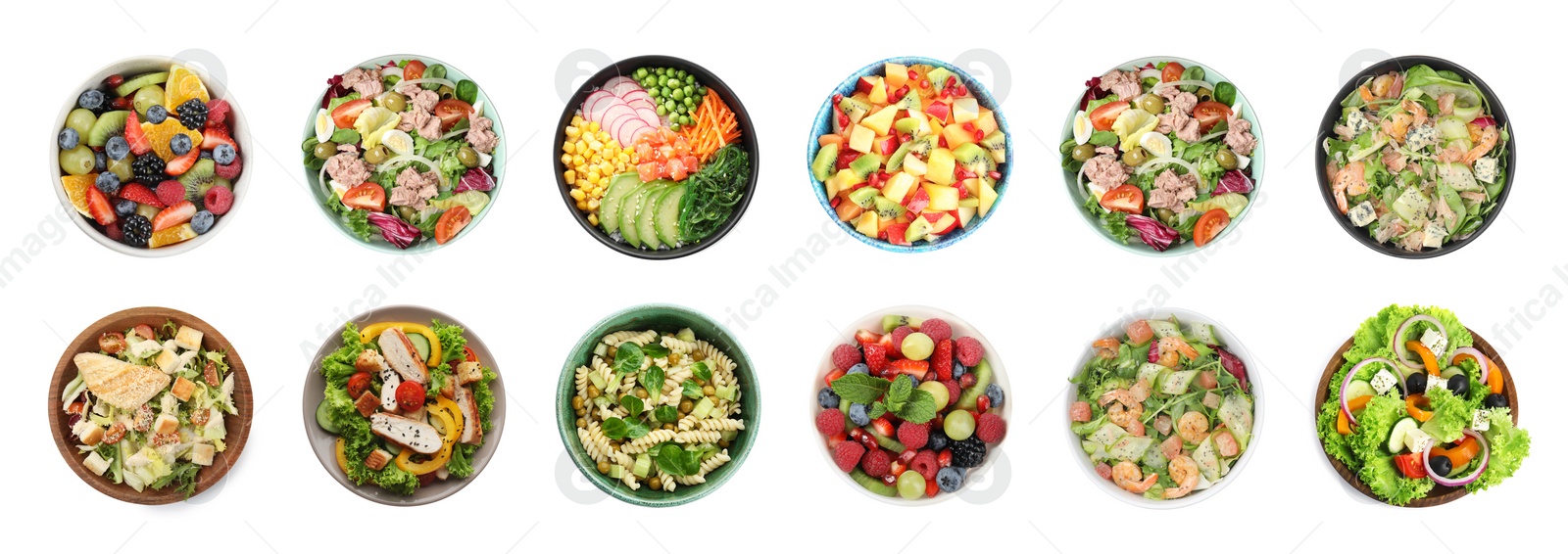 Image of Set with different tasty salads on white background, top view. Banner design