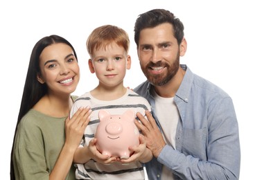 Happy family with ceramic piggy bank on white background
