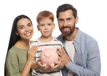 Photo of Happy family with ceramic piggy bank on white background