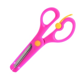 Photo of Pair of training scissors on white background