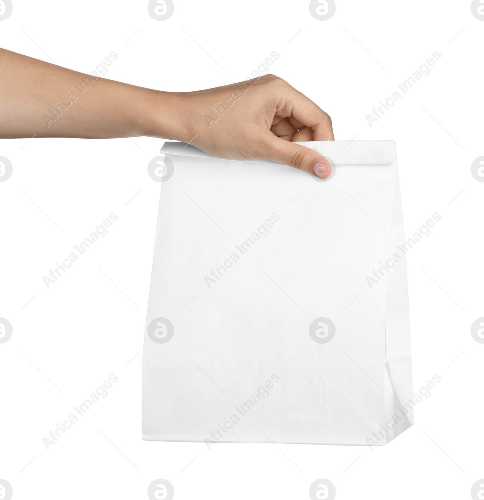 Photo of Woman holding paper bag on white background, closeup