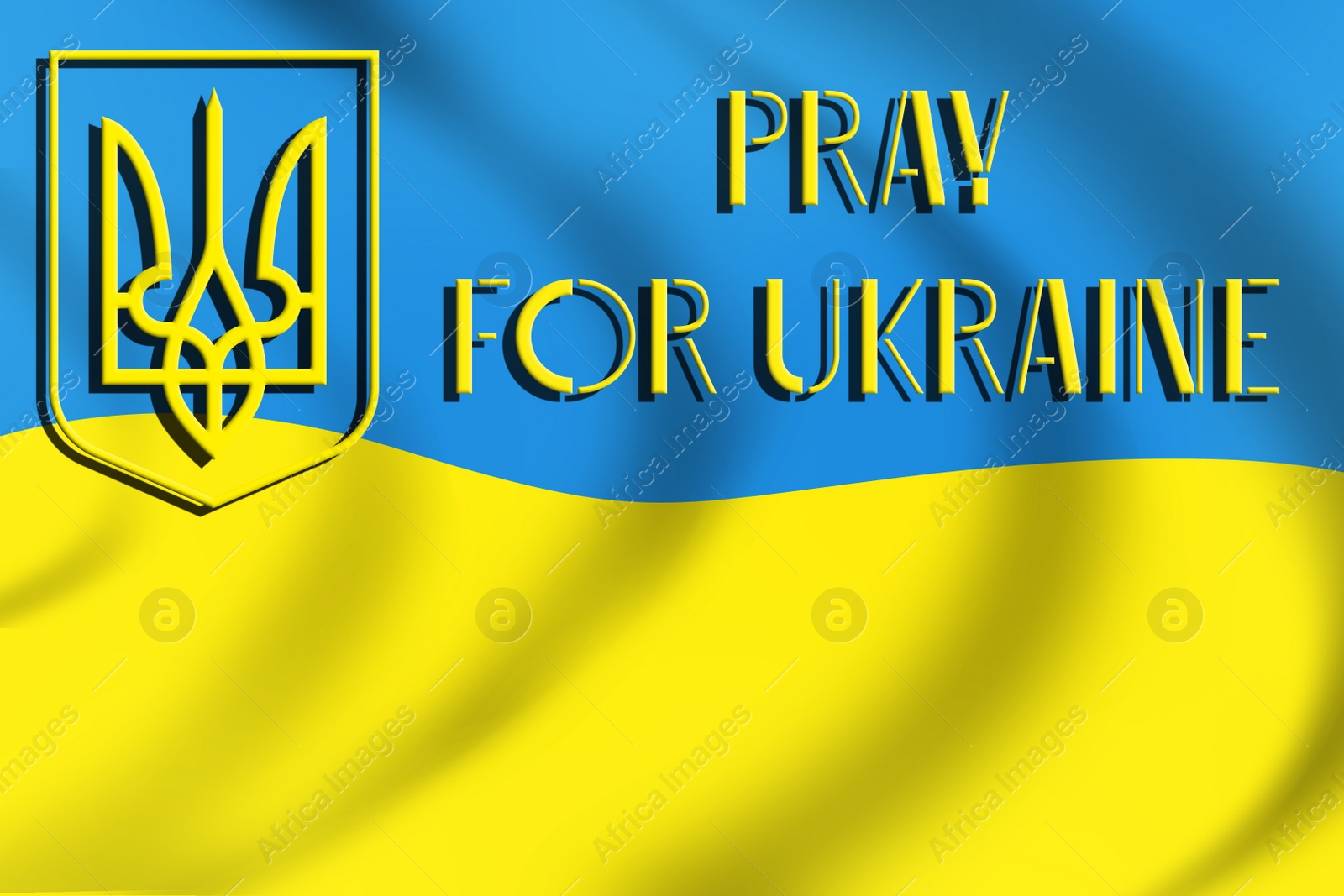 Illustration of Pray For Ukraine. Trizub, phrase and Ukrainian flag