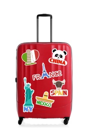 Image of Modern suitcase with travel stickers on white background