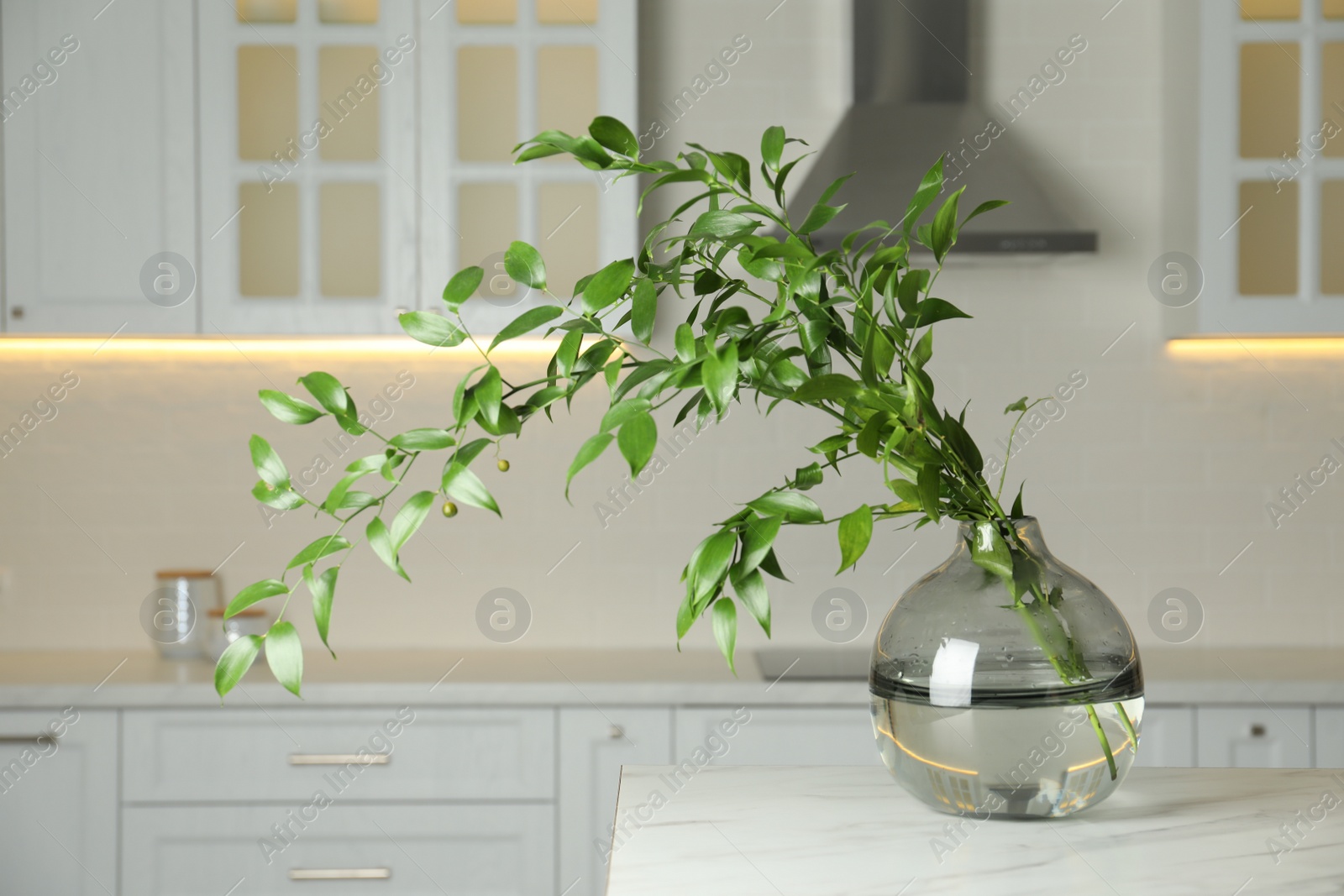 Photo of Decorative vase with branch on table in kitchen