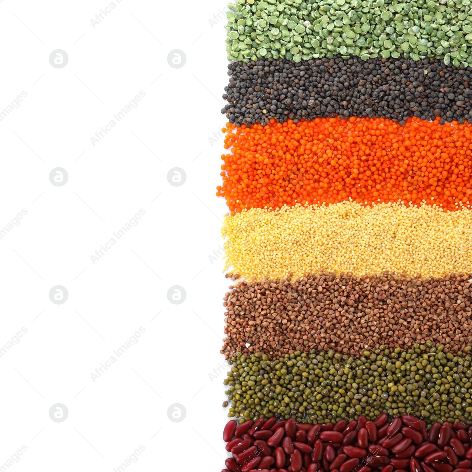 Photo of Different grains and cereals on white background, top view