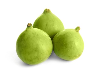 Whole ripe green figs on white background