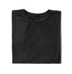 Photo of Stylish black T-shirt on white background, top view