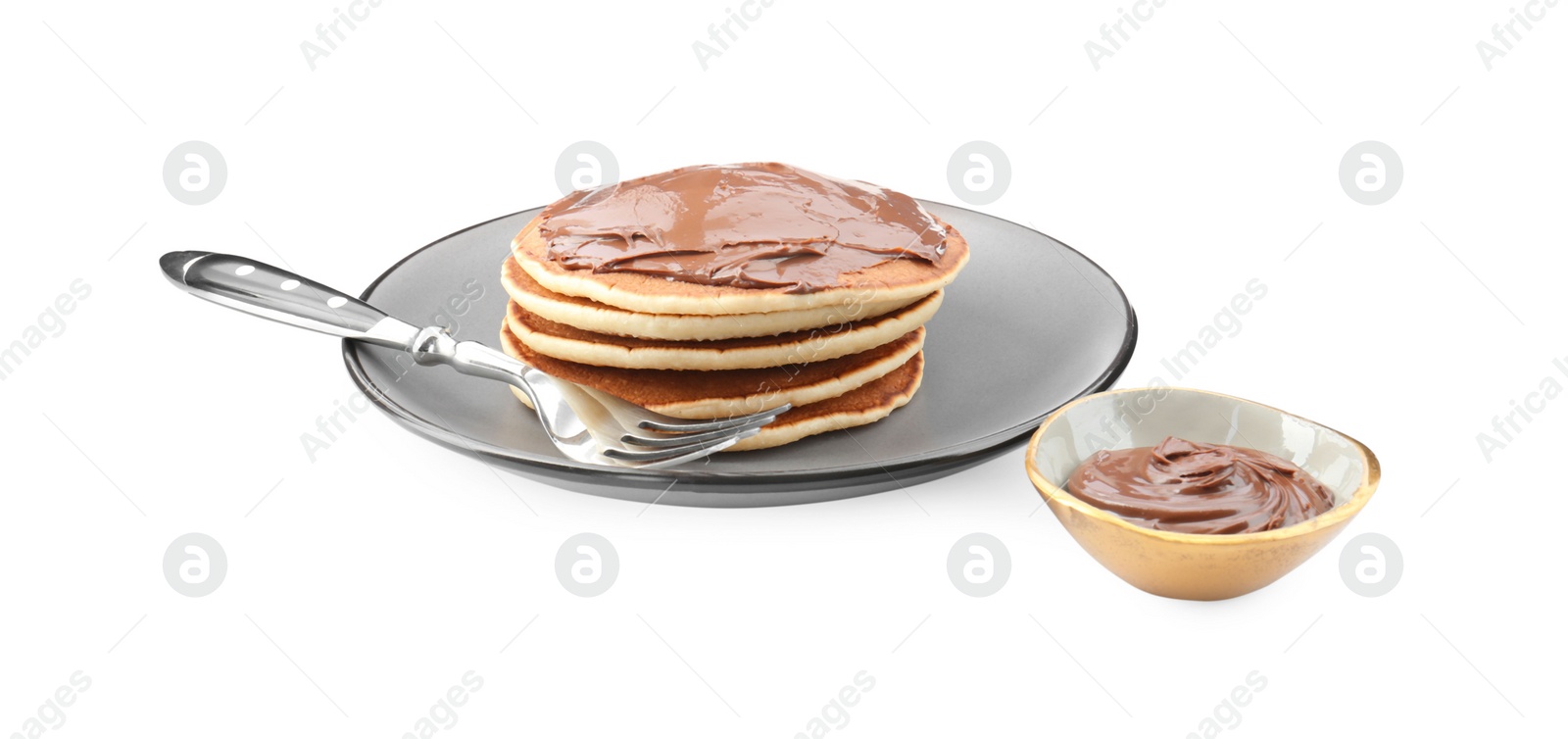 Photo of Delicious pancakes with chocolate paste and fork isolated on white