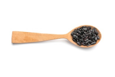 Photo of Wooden spoon with dried barberry on white background. Different spices