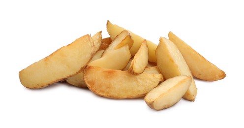 Photo of Tasty baked potato wedges on white background