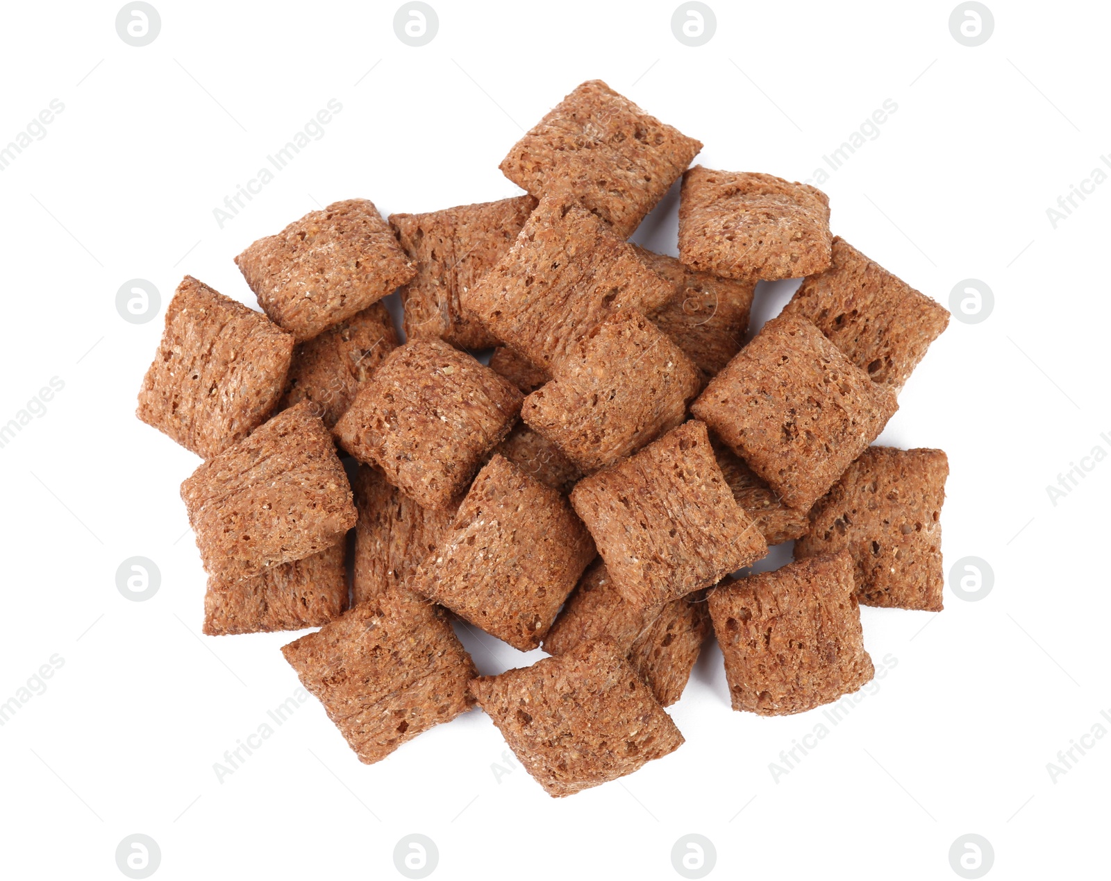 Photo of Heap of sweet crispy corn pads on white background, top view. Breakfast cereal