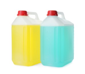 Photo of Canisters of cleaning detergents on white background. Household care