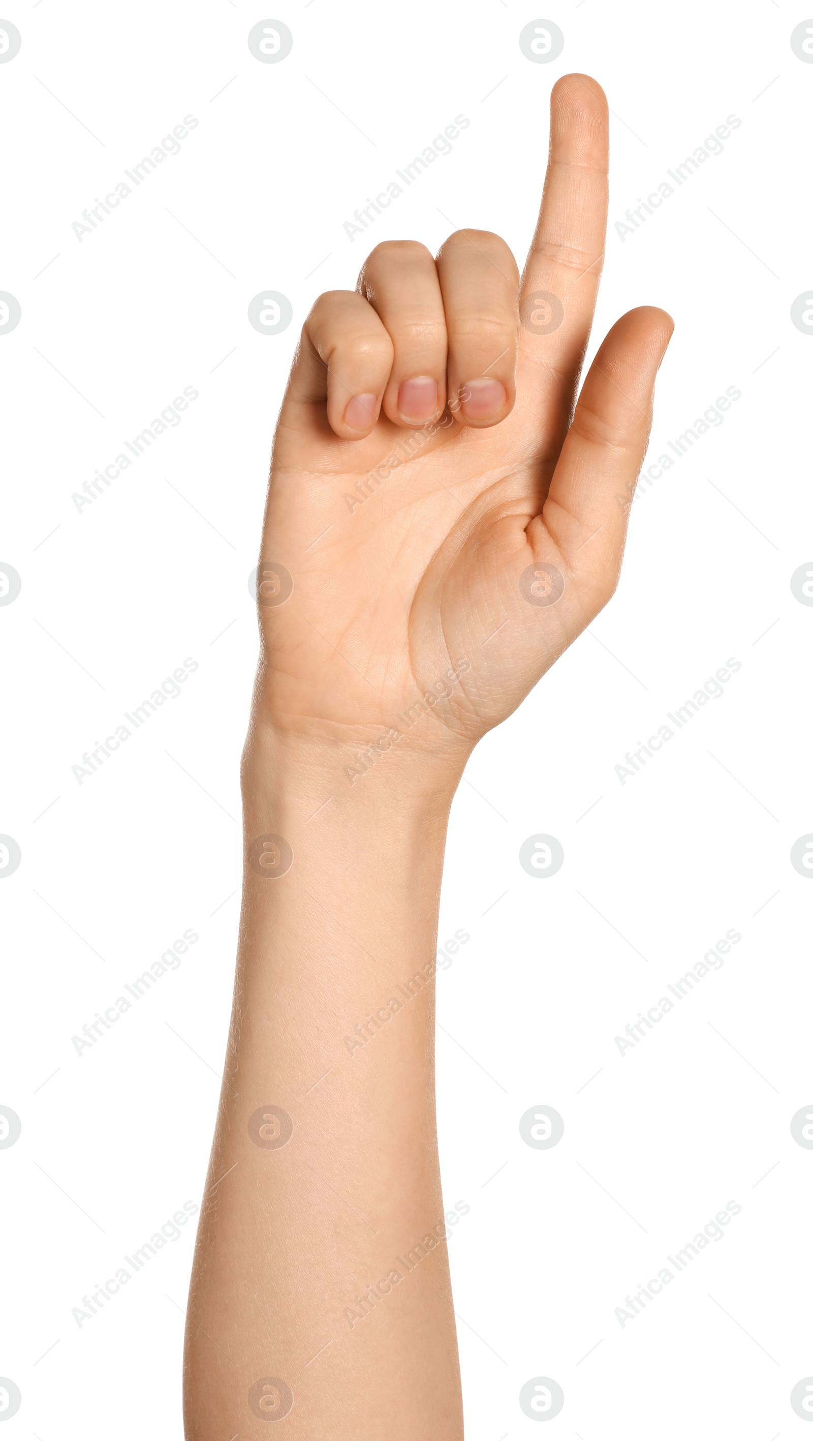 Photo of Woman pointing at something on white background, closeup of hand