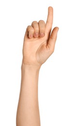 Woman pointing at something on white background, closeup of hand