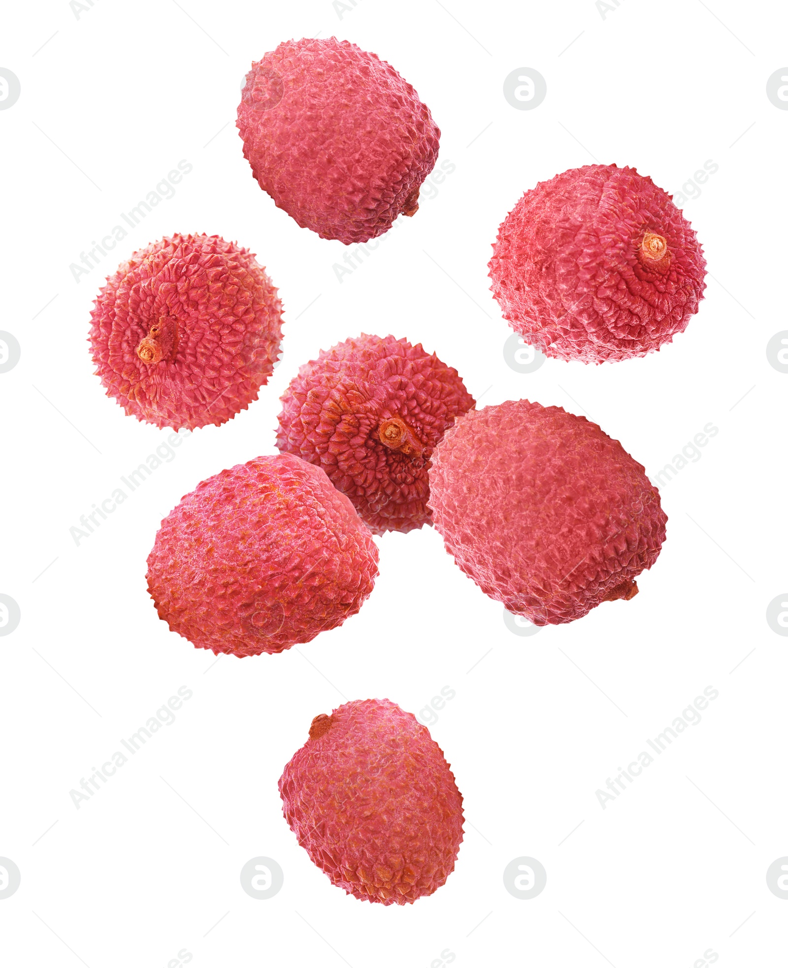 Image of Set of falling delicious lychees on white background