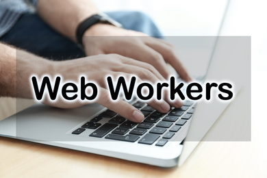 Image of Man working with laptop at table, closeup. Web workers