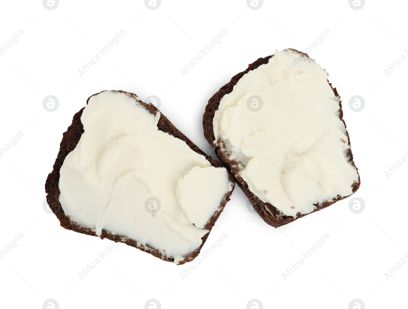 Photo of Bread with cream cheese on white background, top view