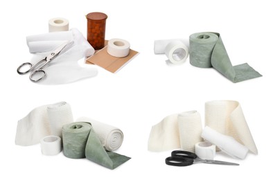 Set with gauze and elastic bandages on white background