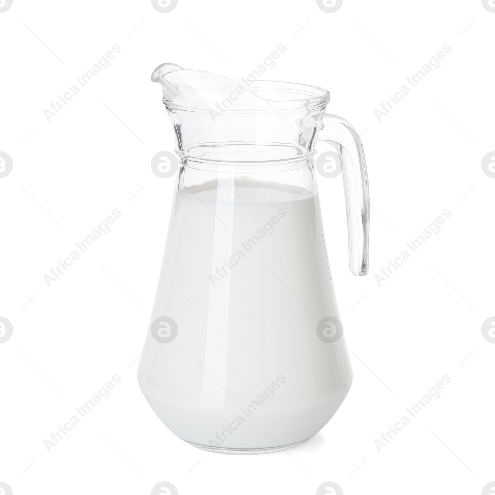 Photo of Glass jug of fresh milk isolated on white