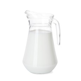 Photo of Glass jug of fresh milk isolated on white