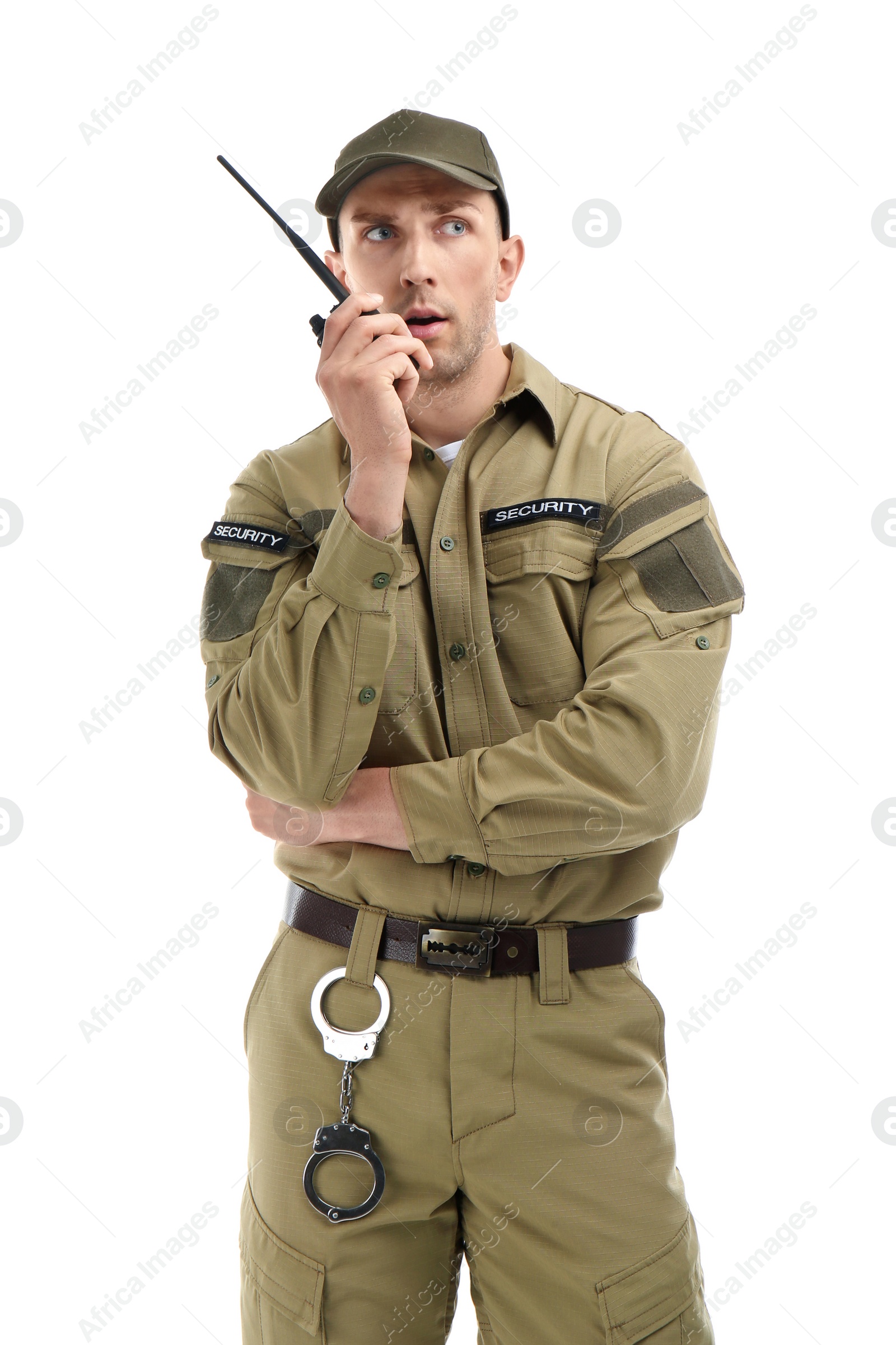 Photo of Male security guard using portable radio transmitter on white background