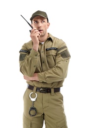 Photo of Male security guard using portable radio transmitter on white background