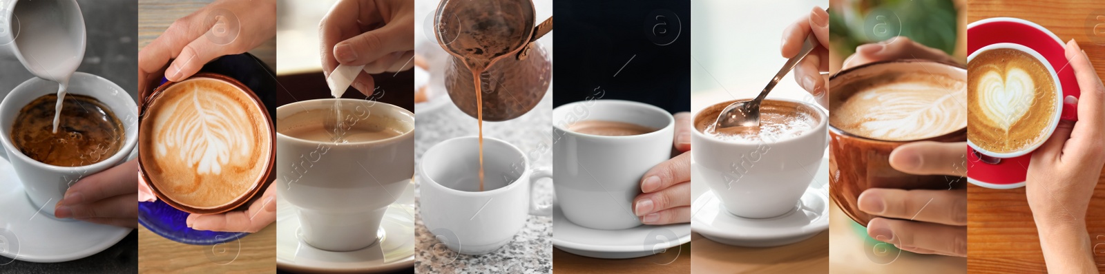 Image of Beautiful collage with different photos of aromatic coffee. Banner design