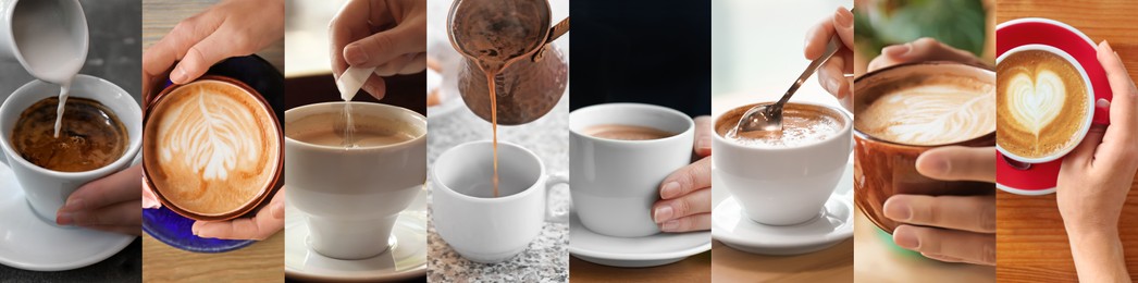 Image of Beautiful collage with different photos of aromatic coffee. Banner design