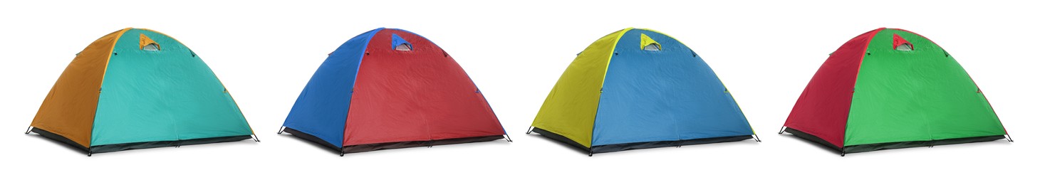 Image of Set with different colorful camping tents on white background. Banner design