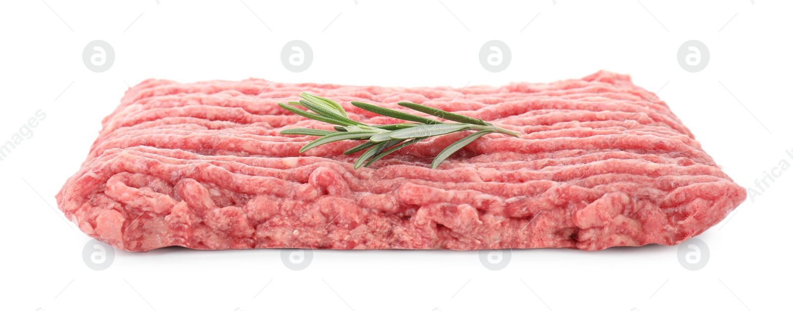 Photo of Raw ground meat and rosemary isolated on white