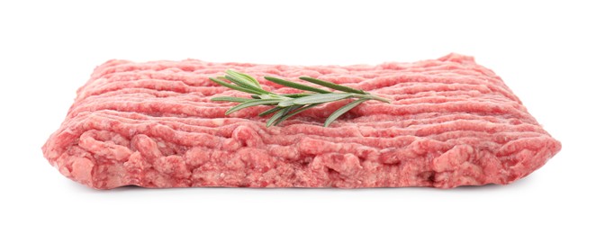 Photo of Raw ground meat and rosemary isolated on white