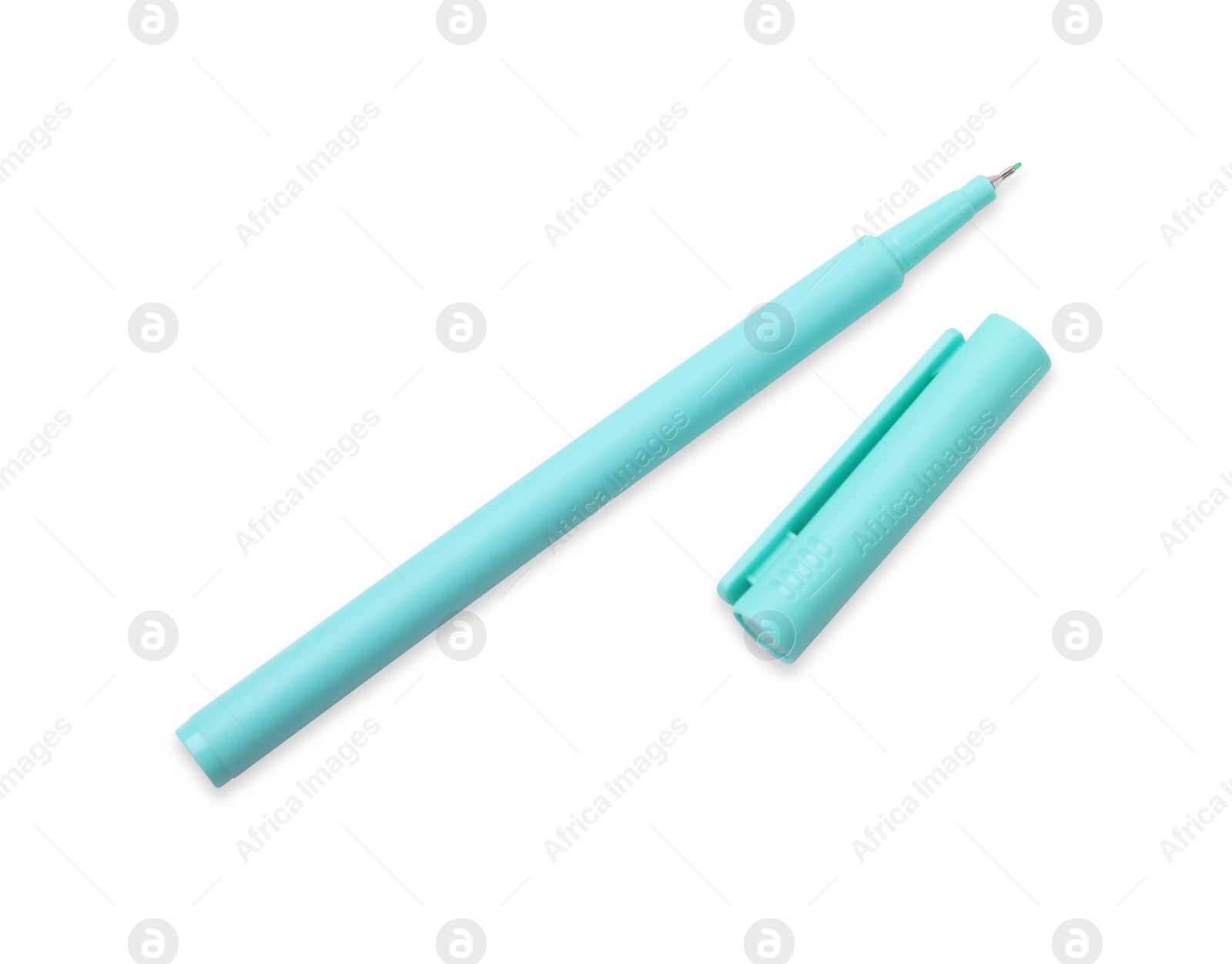 Photo of One turquoise marker on white background, top view