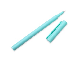 Photo of One turquoise marker on white background, top view