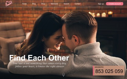 Image of Design of interface for online dating site. Home page with photo of happy couple and tabs