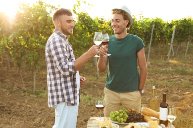 Friends holding glasses of wine and having fun on vineyard picnic