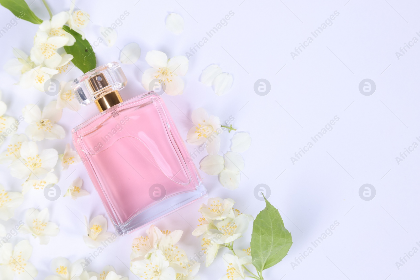 Photo of Aromatic perfume in bottle and beautiful jasmine flowers on white background, flat lay. Space for text