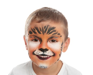 Photo of Cute little boy with face painting on white background