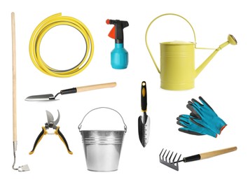 Set with different gardening tools on white background