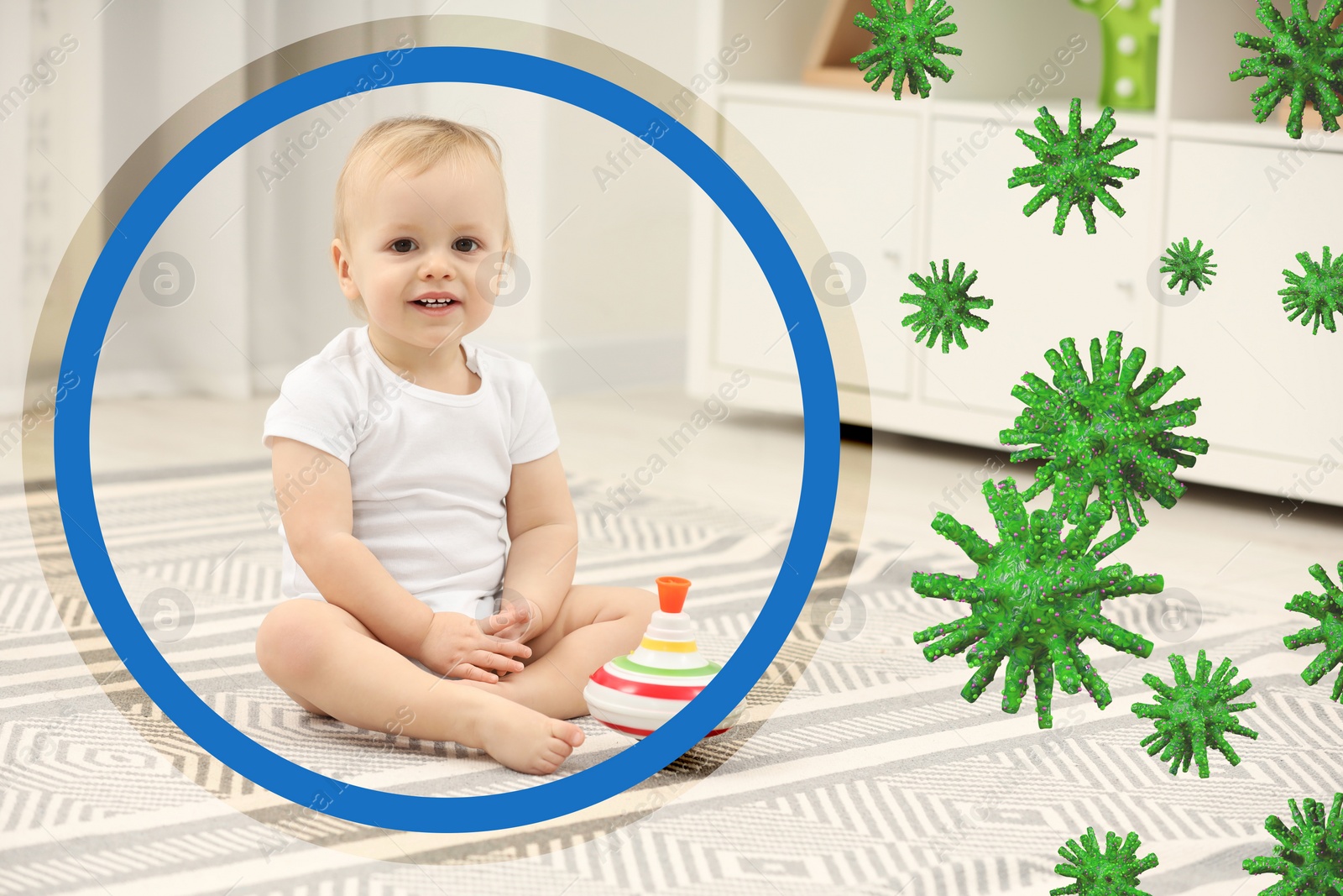 Illustration of Cute little child with strong immunity sitting on floor at home. Circle around her symbolizing shield blocking viruses, illustration
