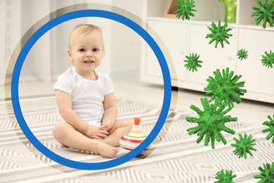 Cute little child with strong immunity sitting on floor at home. Circle around her symbolizing shield blocking viruses, illustration