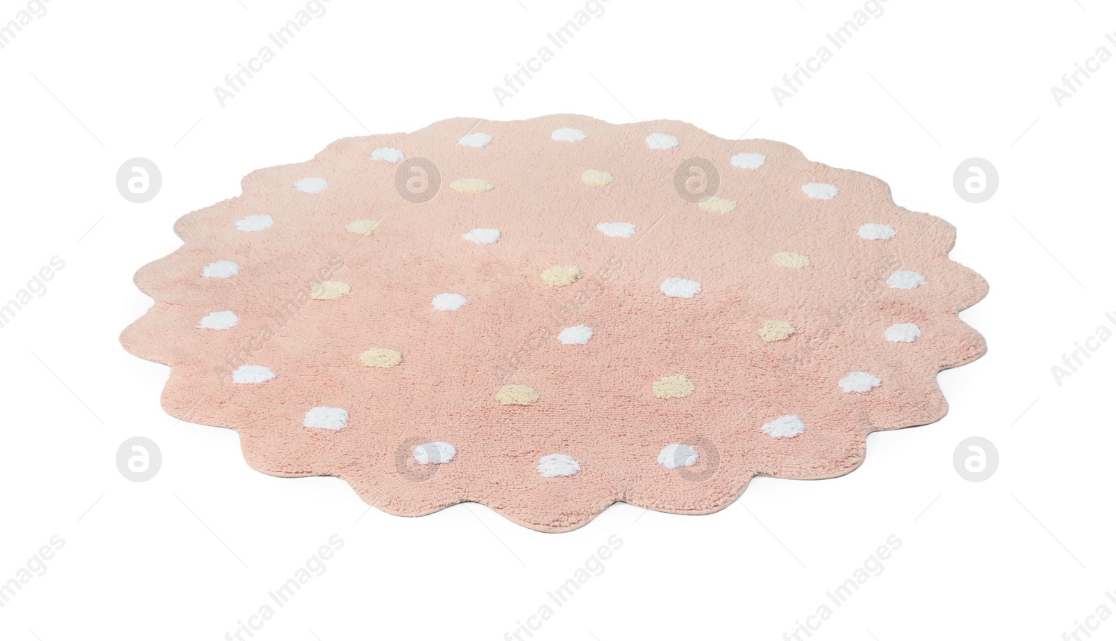 Photo of Round pink rug with polka dot pattern isolated on white