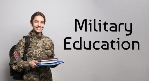 Image of Military education. Cadet with backpack and notebooks on light grey background