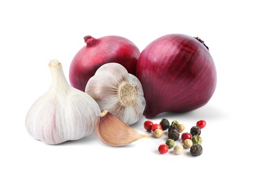Image of Red onions, mixed peppercorns, garlic bulbs and clove on white background