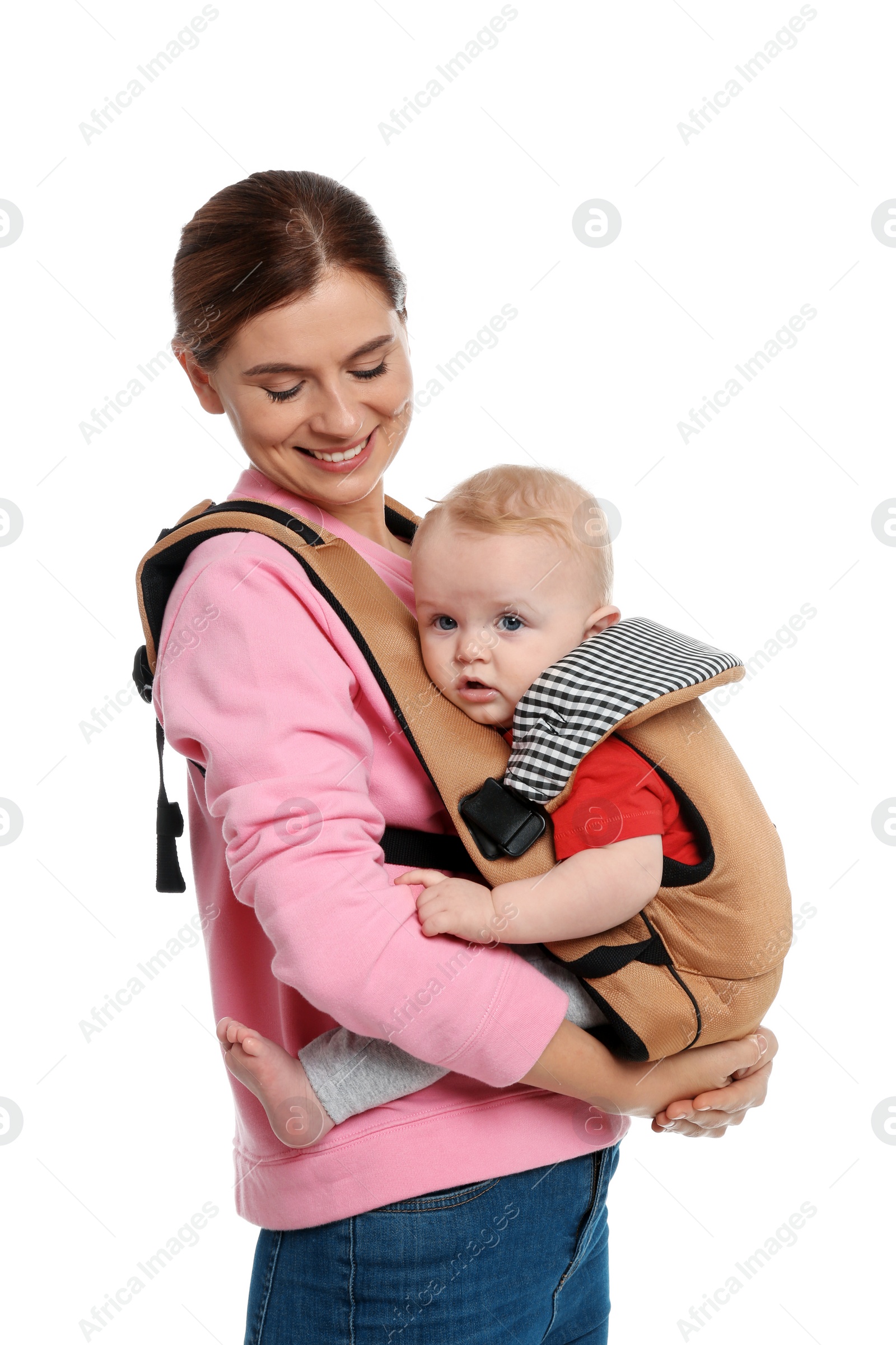 Photo of Woman with her son in baby carrier on white background